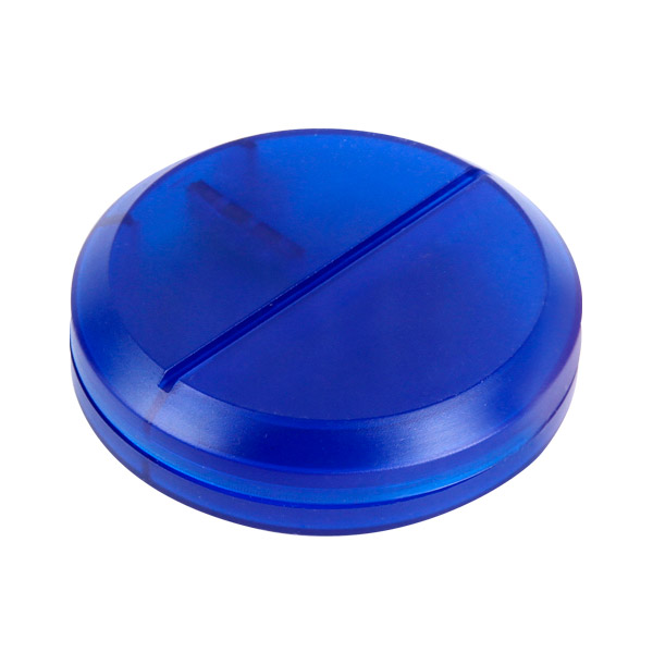 BE-004, Pastillero redondo fabricado en plástico con cortador, colores: azul, blanco y rojo