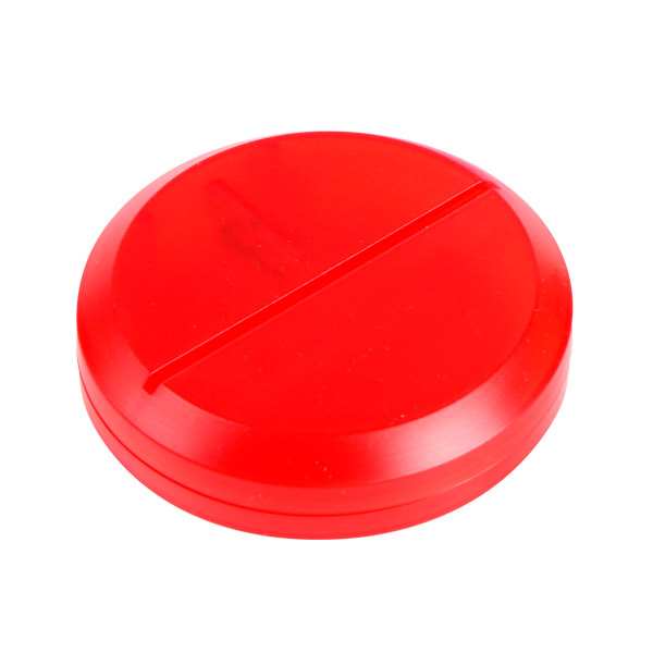BE-004, Pastillero redondo fabricado en plástico con cortador, colores: azul, blanco y rojo