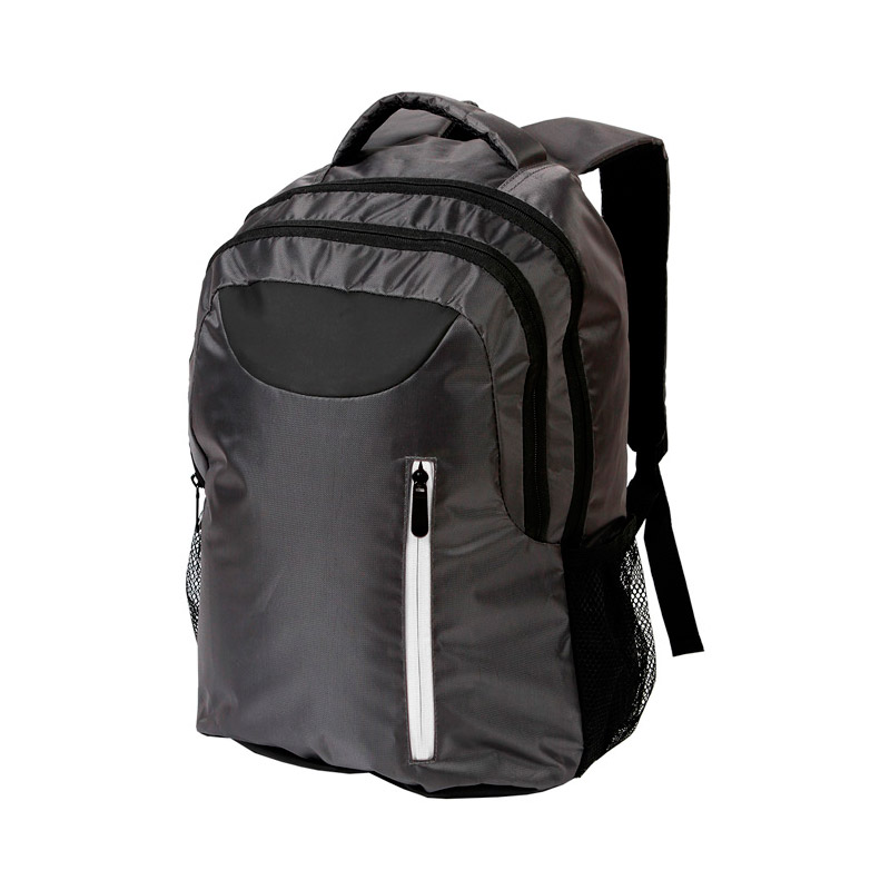 TX-058, Mochila tipo back pack fabricada en poliester y pvc con porta laptop y bolsa de red a un costado, colores: negro con cierre rojo, con cierre azul, con cierre naranja y con cierre gris