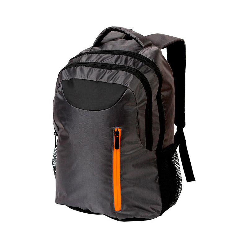 TX-058, Mochila tipo back pack fabricada en poliester y pvc con porta laptop y bolsa de red a un costado, colores: negro con cierre rojo, con cierre azul, con cierre naranja y con cierre gris