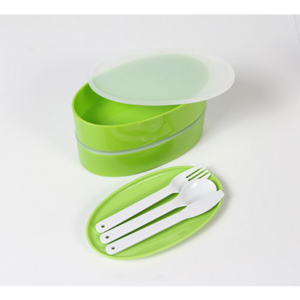 HM-024, Contenedor de alimentos con 2 compartimentos, banda sujetadora de tapa y cubiertos (cuchara, tenedor y cuchillo), de plástico, colores: azul, naranja, morado y verde