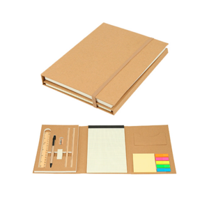 LE-032, Set ecológico incluye: block de notas con 40 hojas rayadas, notas adhesivas, sobre con ranura porta tarjeta, sacapuntas, goma, 2 lápices, pluma y regla de madera.