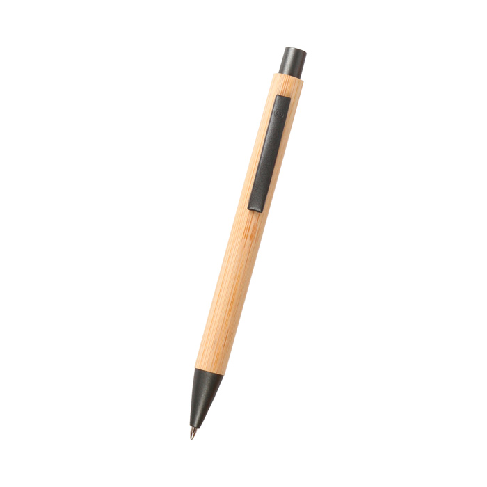 BL-158, Bolígrafo ecológico Town. Bolígrafo con barril de bambú y detalles metálicos en clip y punta, tinta de escritura negra. Incluye estuche de cartón individual.