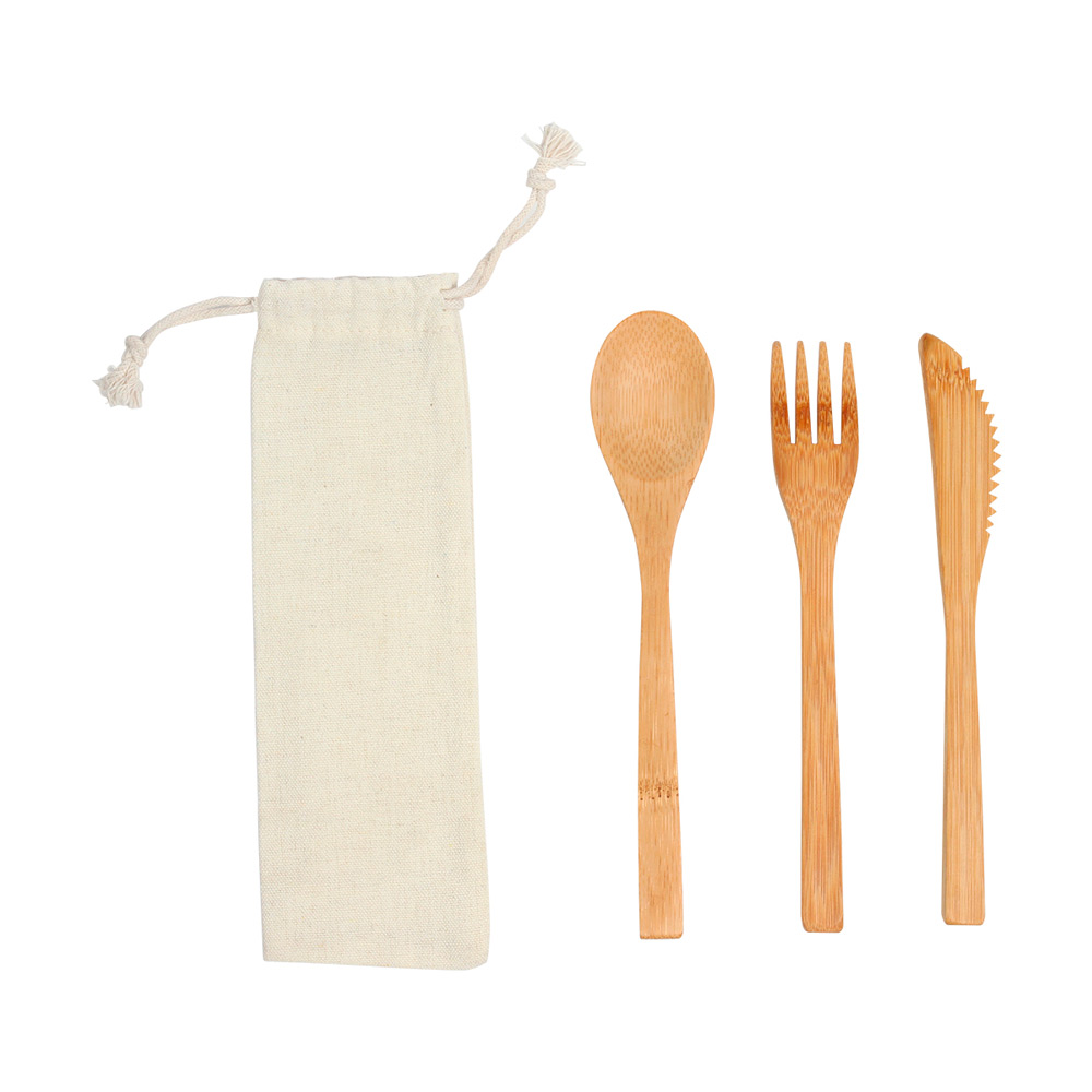 HM-097, Set de cubiertos reutilizables fabricados en bambú, incluye cuchara, tenedor, cuchillo y bolsa de algodón con jareta.