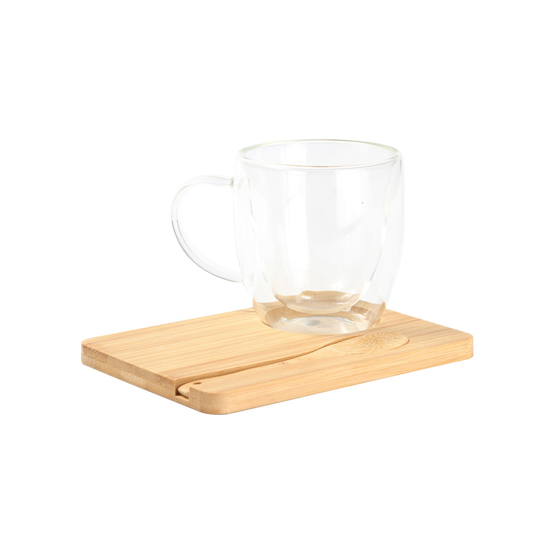 HM-126, Juego Marotta. Juego de té, incluye taza fabricada en borosilicato, con base y cuchara fabricadas en madera de bambú barnizada. Capacidad de 250 ml.