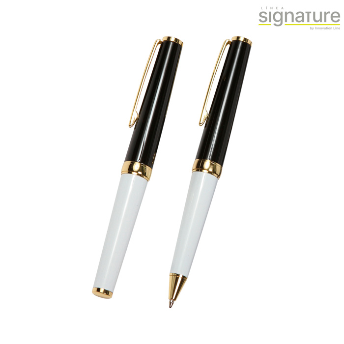 ST-022, Set de bolígrafos ball pen y roller pen con barril lacado, punta y clip metálicos en estuche de cartón. Tinta de escritura negra.