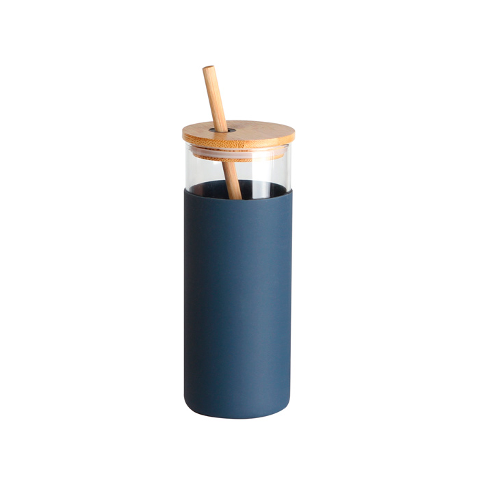 TE-118, Cilindro de vidrio de borosilicato con manga de silicón, tapa de bambú con anillo de silicón y popote de bambú. Capacidad de 450 ml (15 oz). Incluye caja de cartón individual.