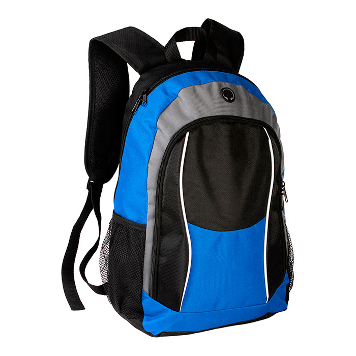 TX-041, Mochila back pack fabricada en poliester con bolsa de red a un costado y salida para audifonos, colores: azul, naranja, verde y rojo