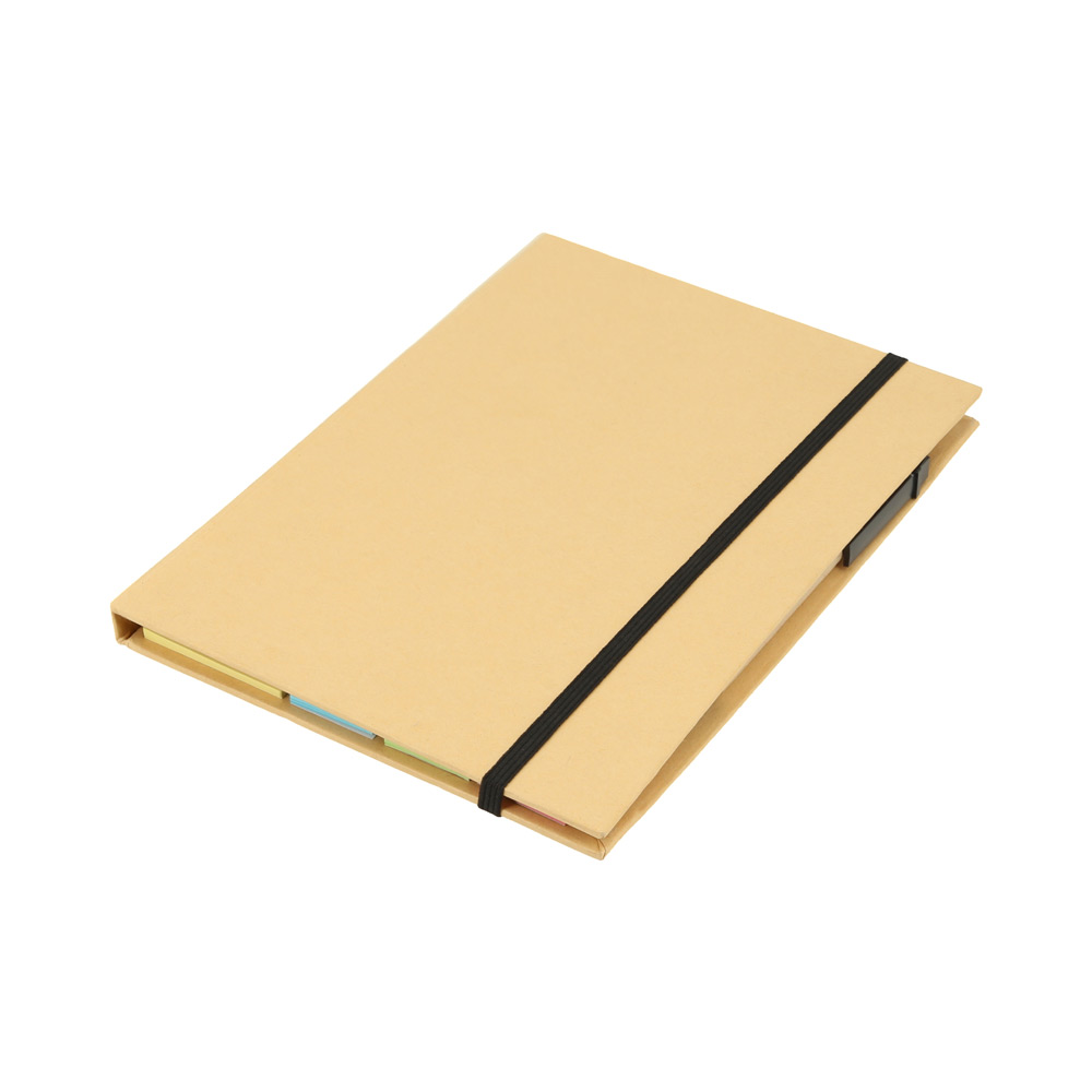 LE-037, Libreta ecológica de catón con 70 hojas rayadas, bolígrafo, notas adhesivas y ranura porta tarjetas.