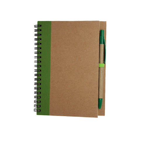 LE-001, Libreta de papel reciclado con bolígrafo, incluye: 70 hojas rayadas